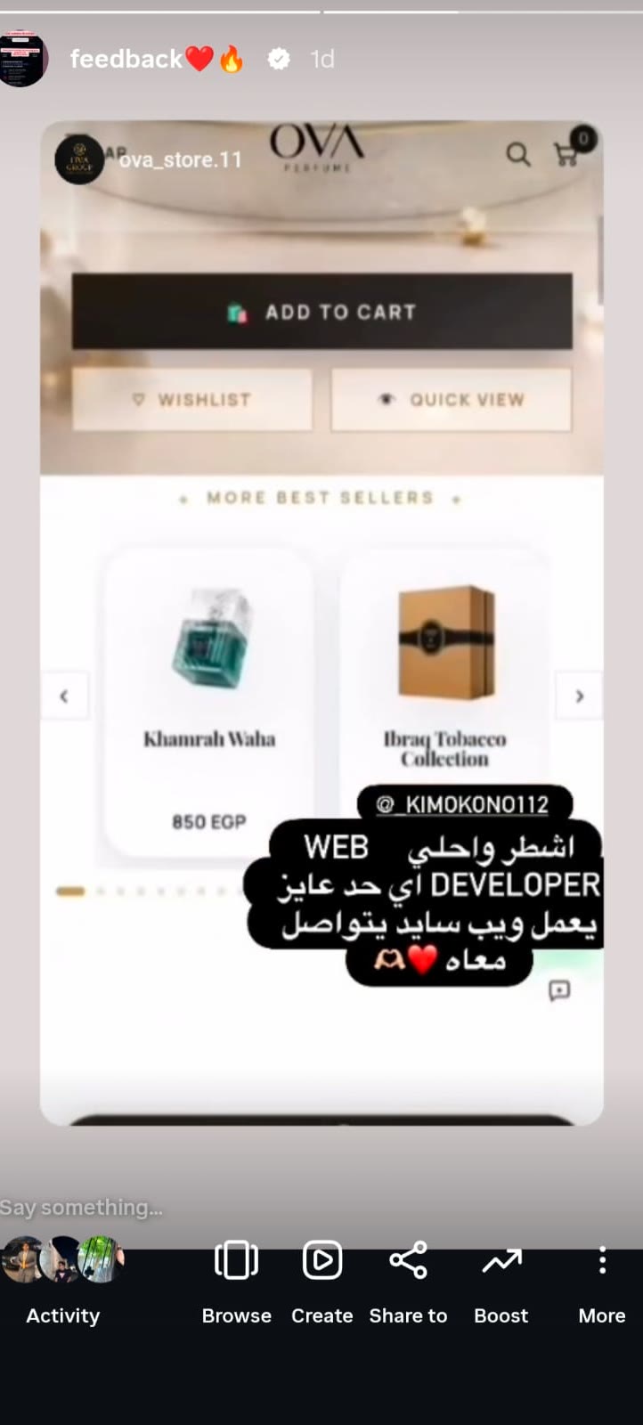 Instagram feedback from Ova Perfume recommending Kreem as a web developer